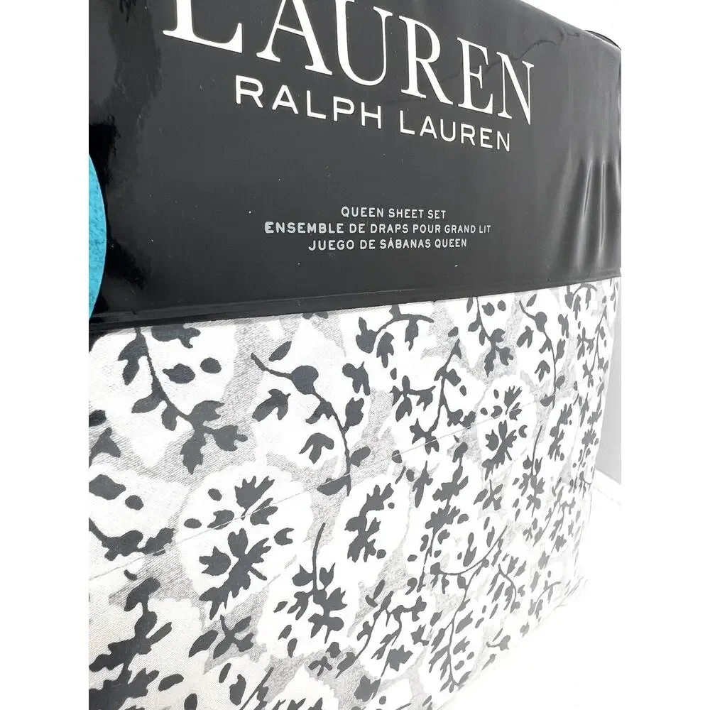 Ralph Lauren Eva Leaf Floral Sheet Set Queen Gray Navy 100% Cotton Sateen 4pcs